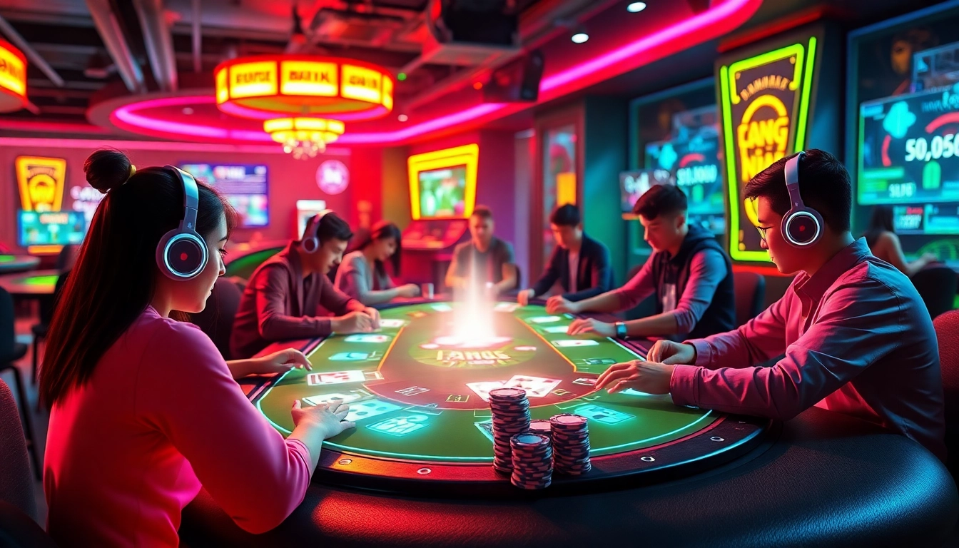 Vibrant online card game setting showcasing gameplay from gamebaidoithuong.com.vc, featuring animated characters and digital interfaces.