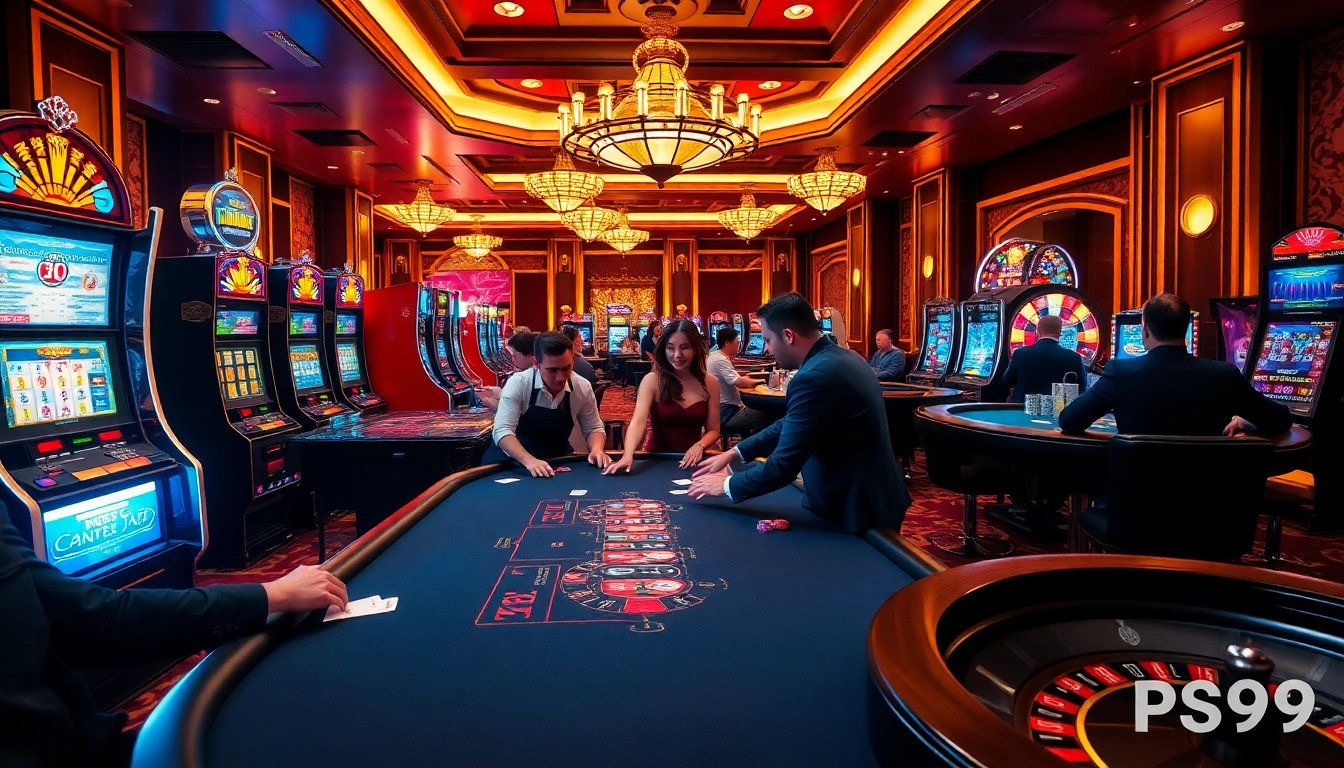 Gaming enthusiasts placing bets at PS99 with vibrant slot machines and poker tables.