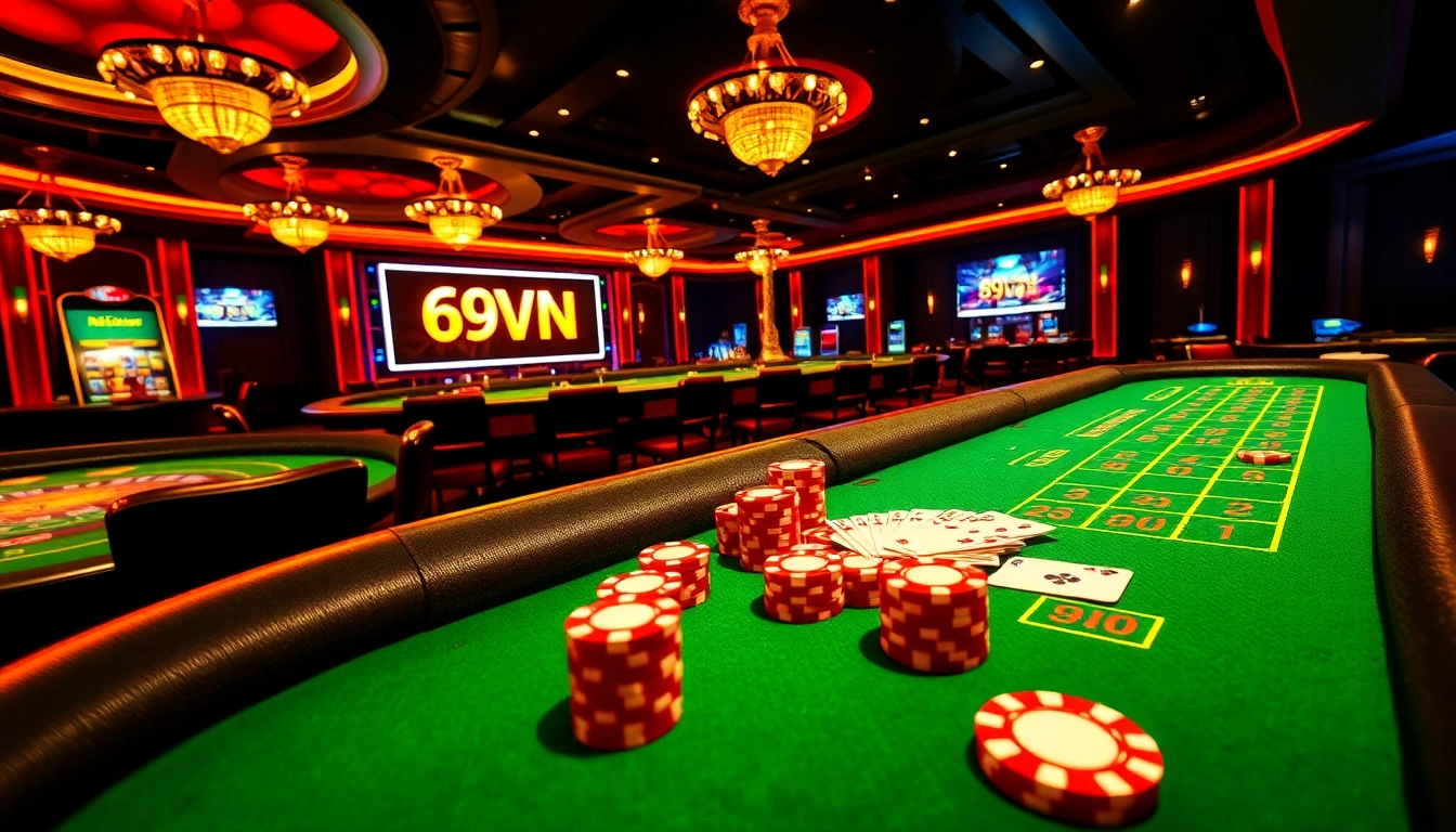Players enjoying thrilling moments at 69VN casino tables with vibrant games.