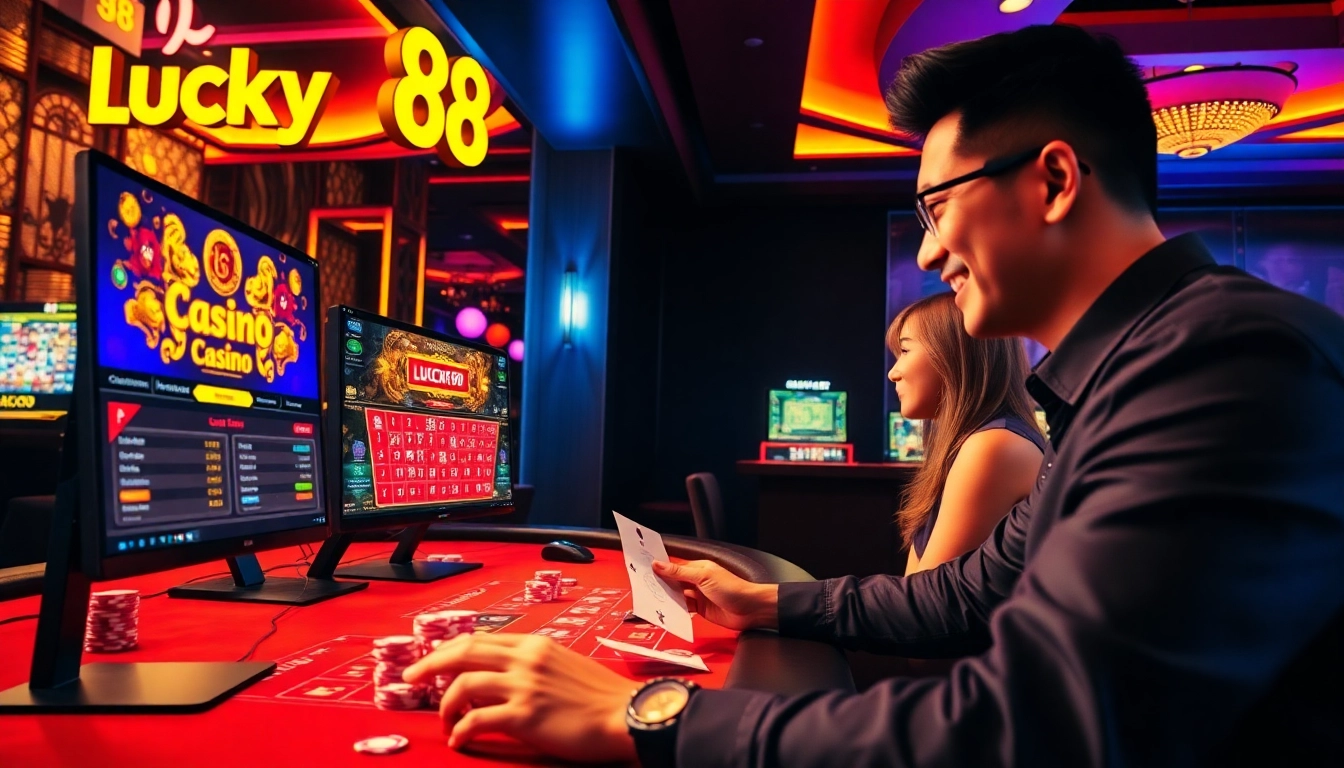 Exciting Lucky88 online gambling scene with players enjoying Baccarat and Sicbo games.