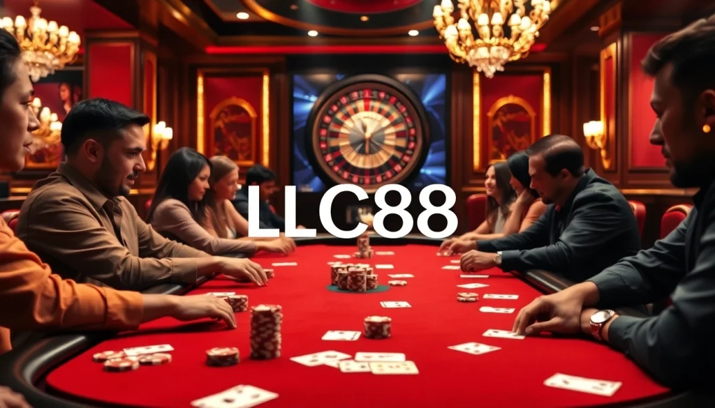 Experience high-stakes poker action at LC88 Casino with vibrant lighting and luxurious decor.