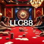 Experience high-stakes poker action at LC88 Casino with vibrant lighting and luxurious decor.
