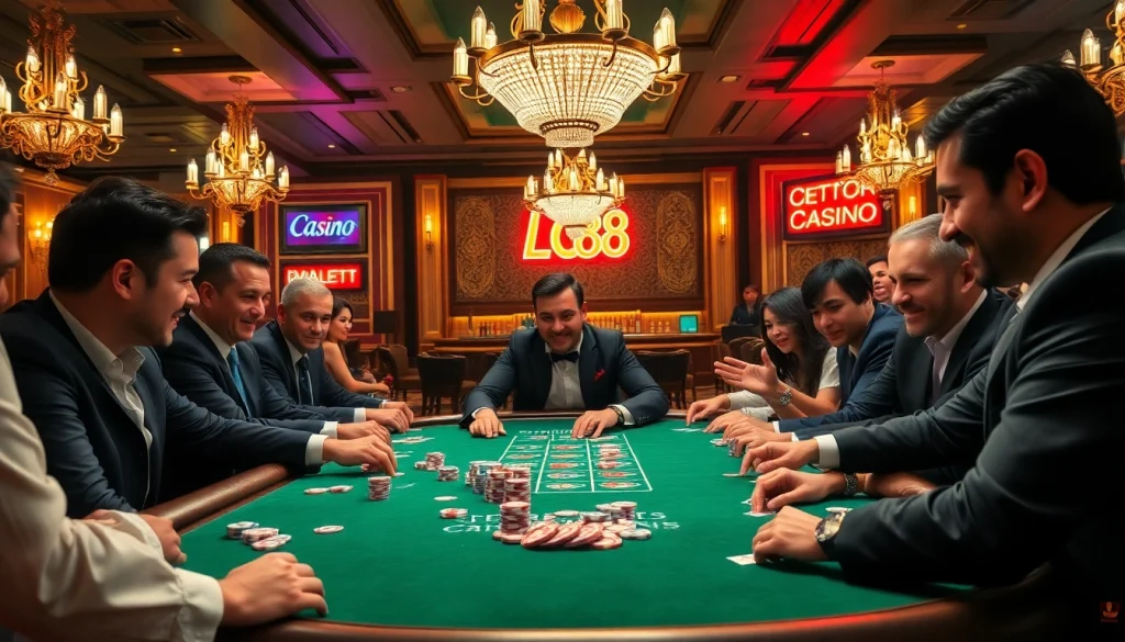 Players enjoying a dynamic poker game at lc88 casino, showcasing vibrant chips and an exciting atmosphere.