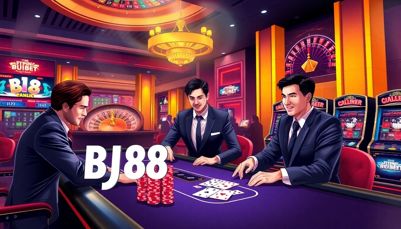 Players enjoy BJ 88 casino games at a stylish gambling table with vibrant poker chips and cards.