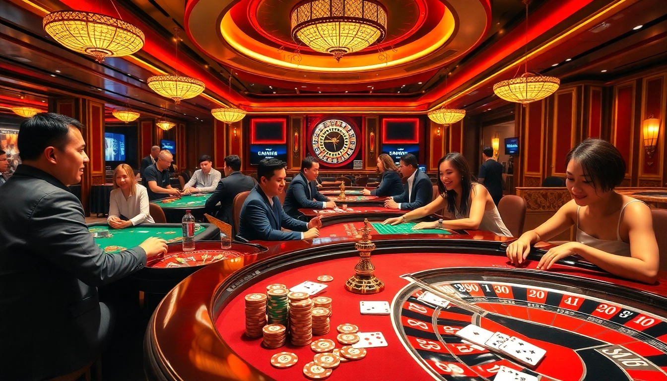 Engage with the exciting atmosphere of trang chủ PS99 in this vibrant casino scene, showcasing table games and happy players.