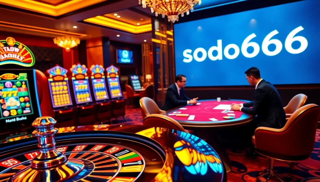 Exciting gambling scene with sodo66's online casino, featuring poker chips and roulette tables.
