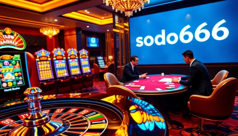 Exciting gambling scene with sodo66's online casino, featuring poker chips and roulette tables.