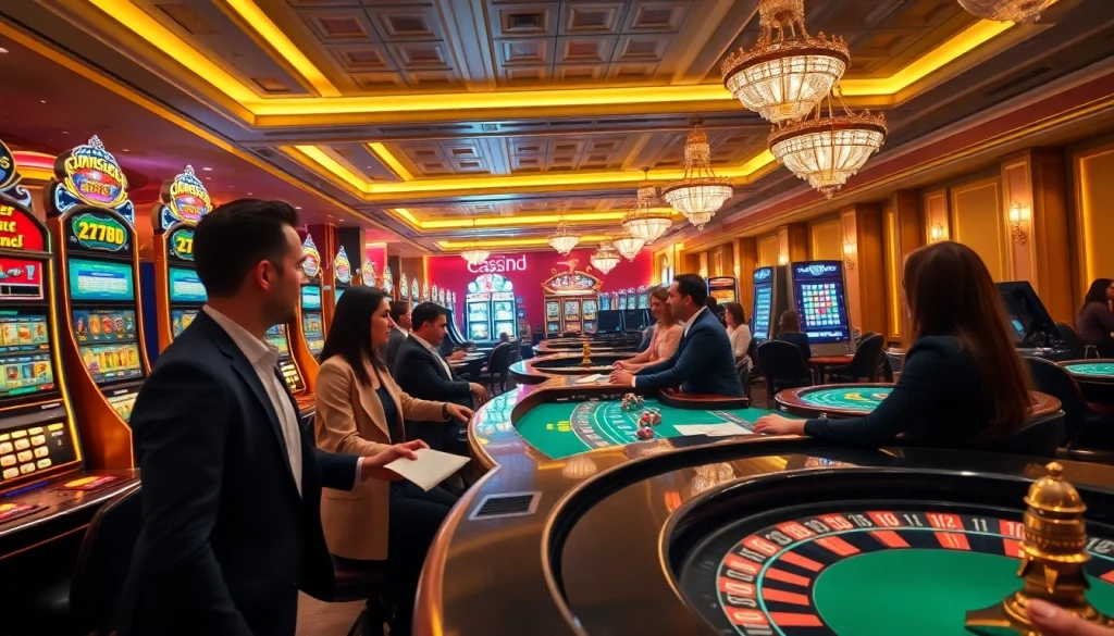 Engaged players at 222BD casino tables showcasing slots and live games for an exciting atmosphere.