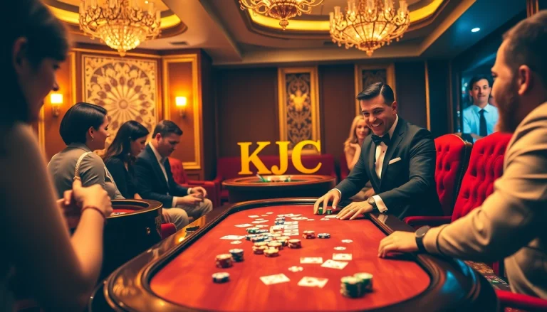 KJC logo enhances the excitement at a luxurious poker table in this vibrant casino scene.