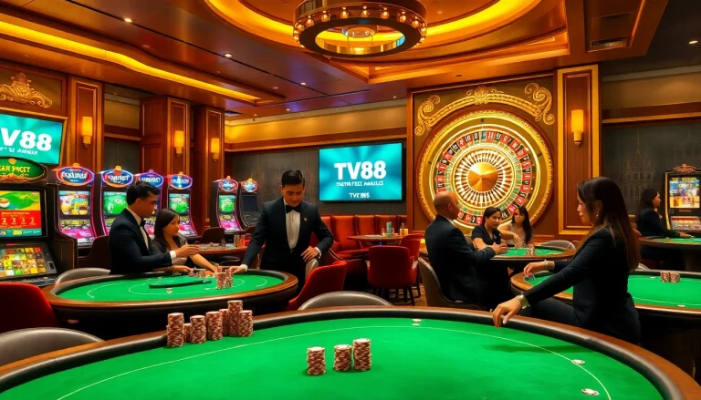 TV88 players enjoying thrilling live casino games at luxurious tables.