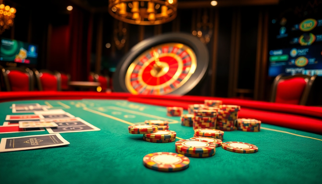 MM88 poker table scene showcasing vibrant cards and shiny chips in an elegant casino.