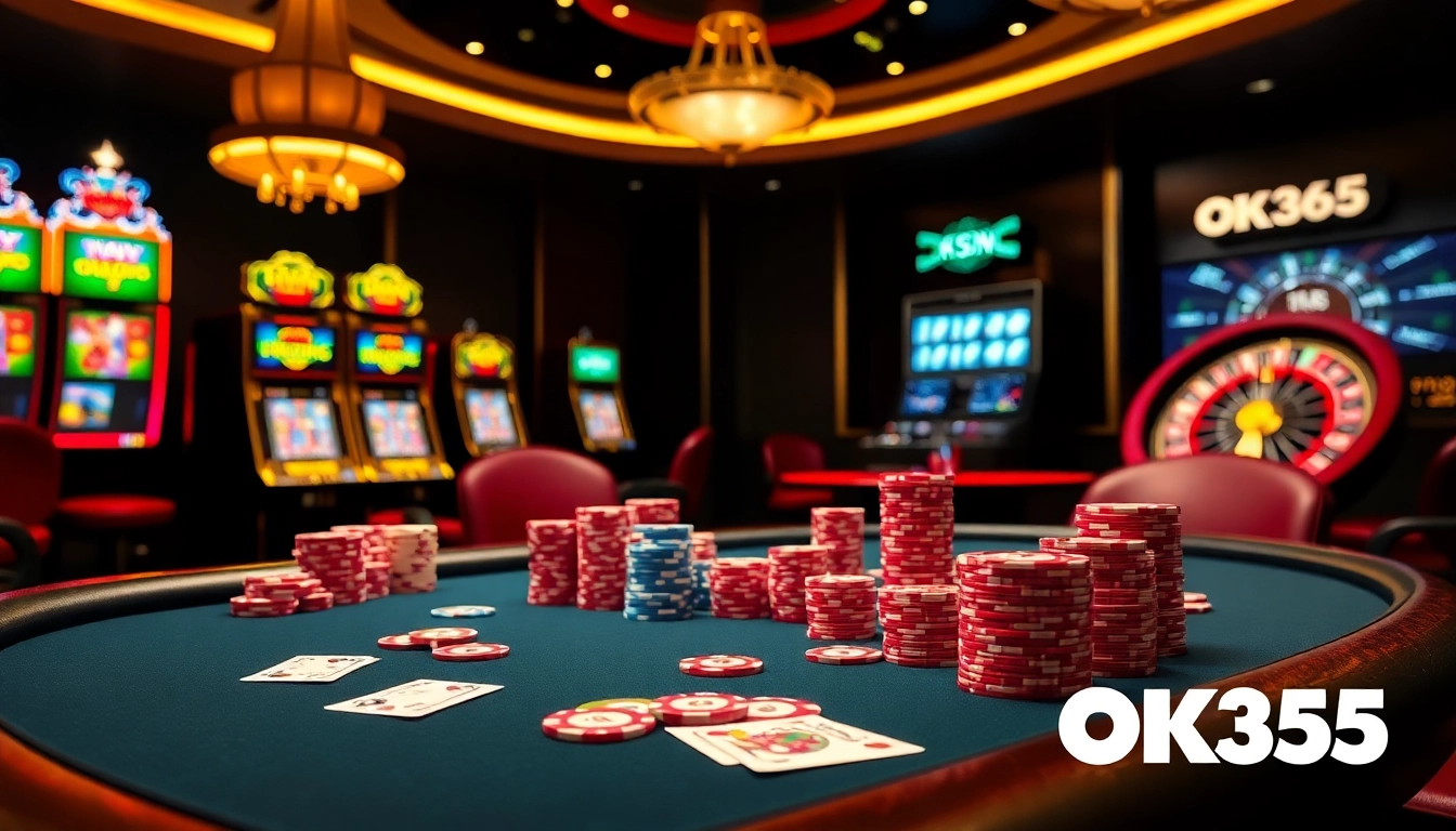 Playing high-stakes poker at OK365 with vibrant casino atmosphere and colorful chips.