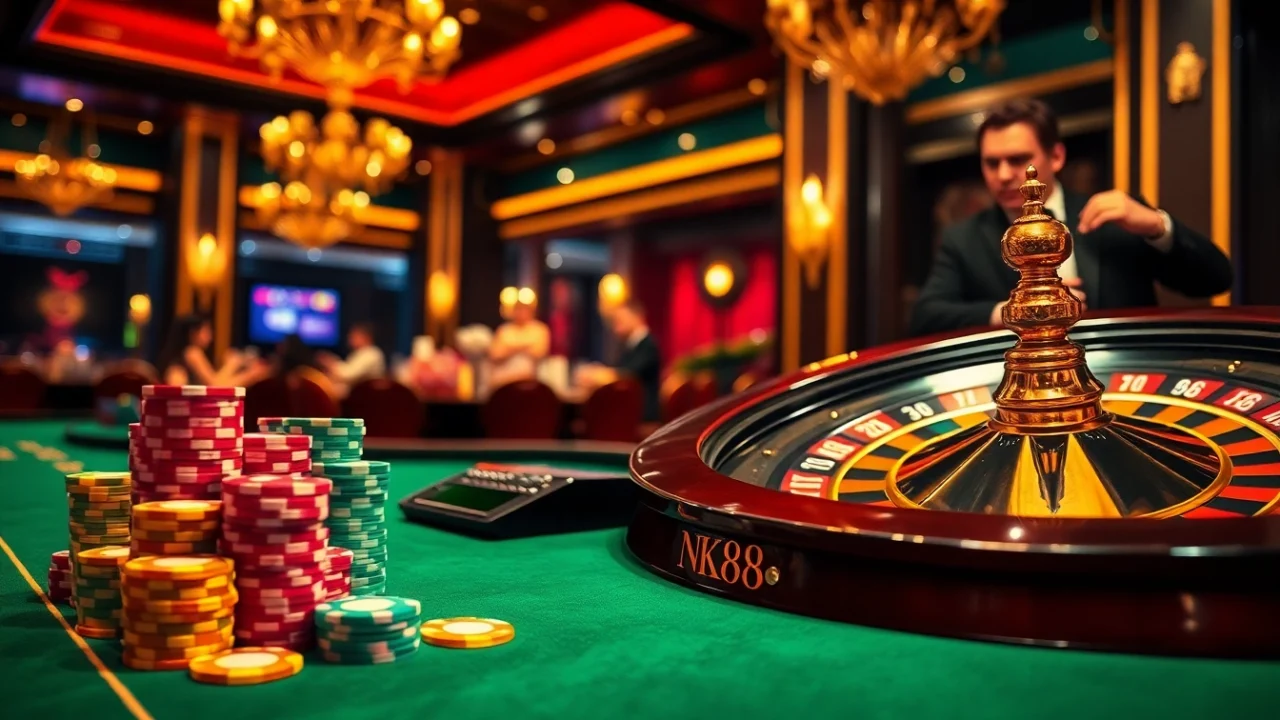 nk88 players enjoy a thrilling moment at a vibrant poker table in a luxurious casino setting.