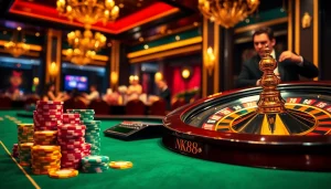 nk88 players enjoy a thrilling moment at a vibrant poker table in a luxurious casino setting.