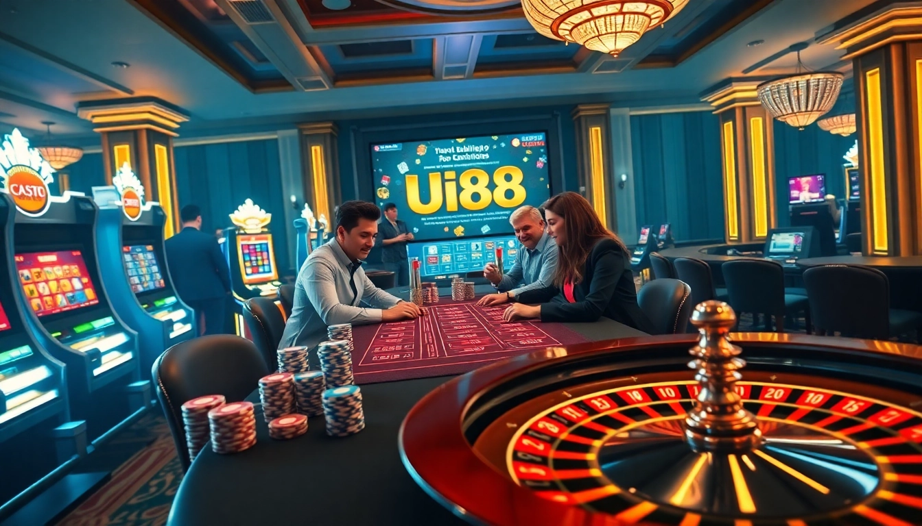 Engage with exciting games at uu88, featuring vibrant slot machines and a luxurious casino atmosphere.