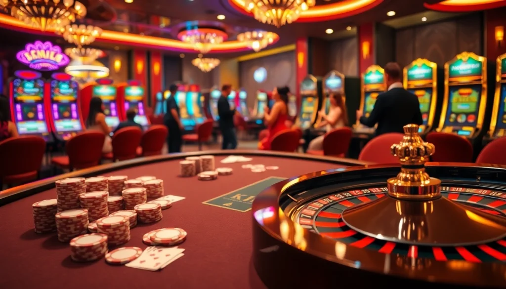 KJC branding shines on a luxurious casino table with vibrant poker chips and gleaming roulette wheel.