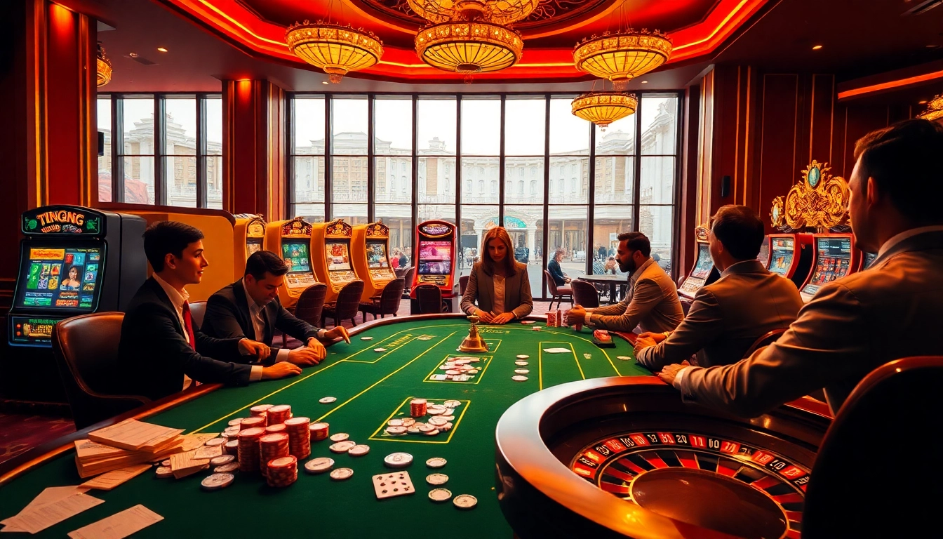 Experience an exciting game at king88 with vibrant casino elements, including poker tables and slot machines.