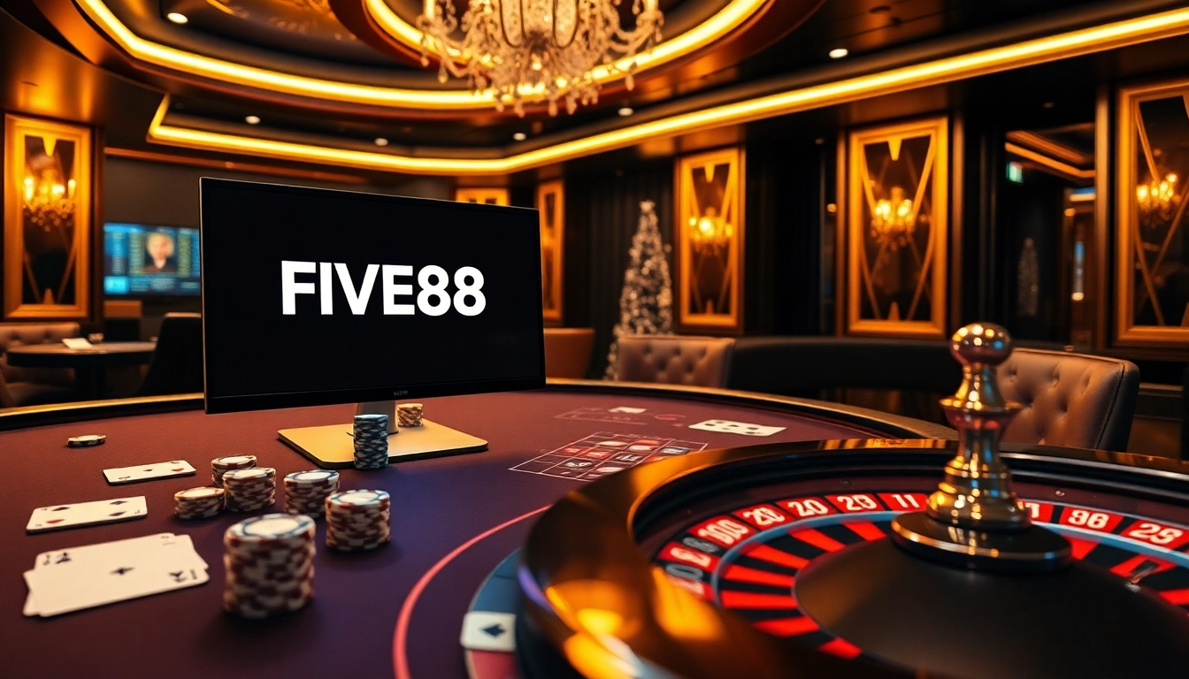 Experience the thrill of betting with nhà cái FIVE88 at a luxurious casino table, featuring poker chips and a roulette wheel.