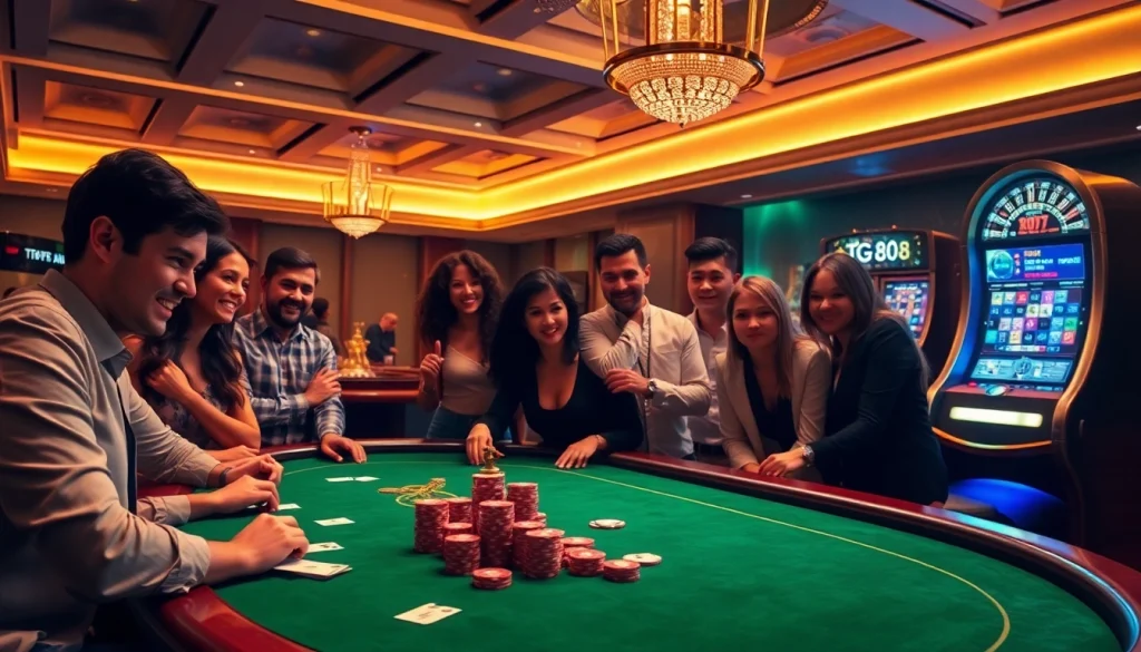 Excited gamblers playing poker and roulette in a luxury casino setting, representing TG 88 gaming.
