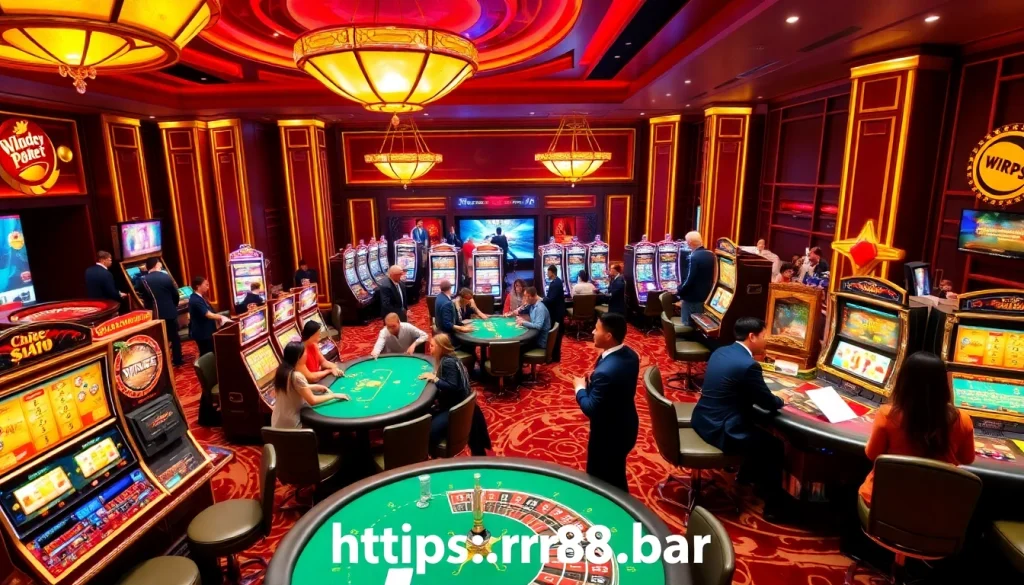 Players enjoying a thrilling game at https://rr88.bar/, with vibrant casino tables and winning moments.