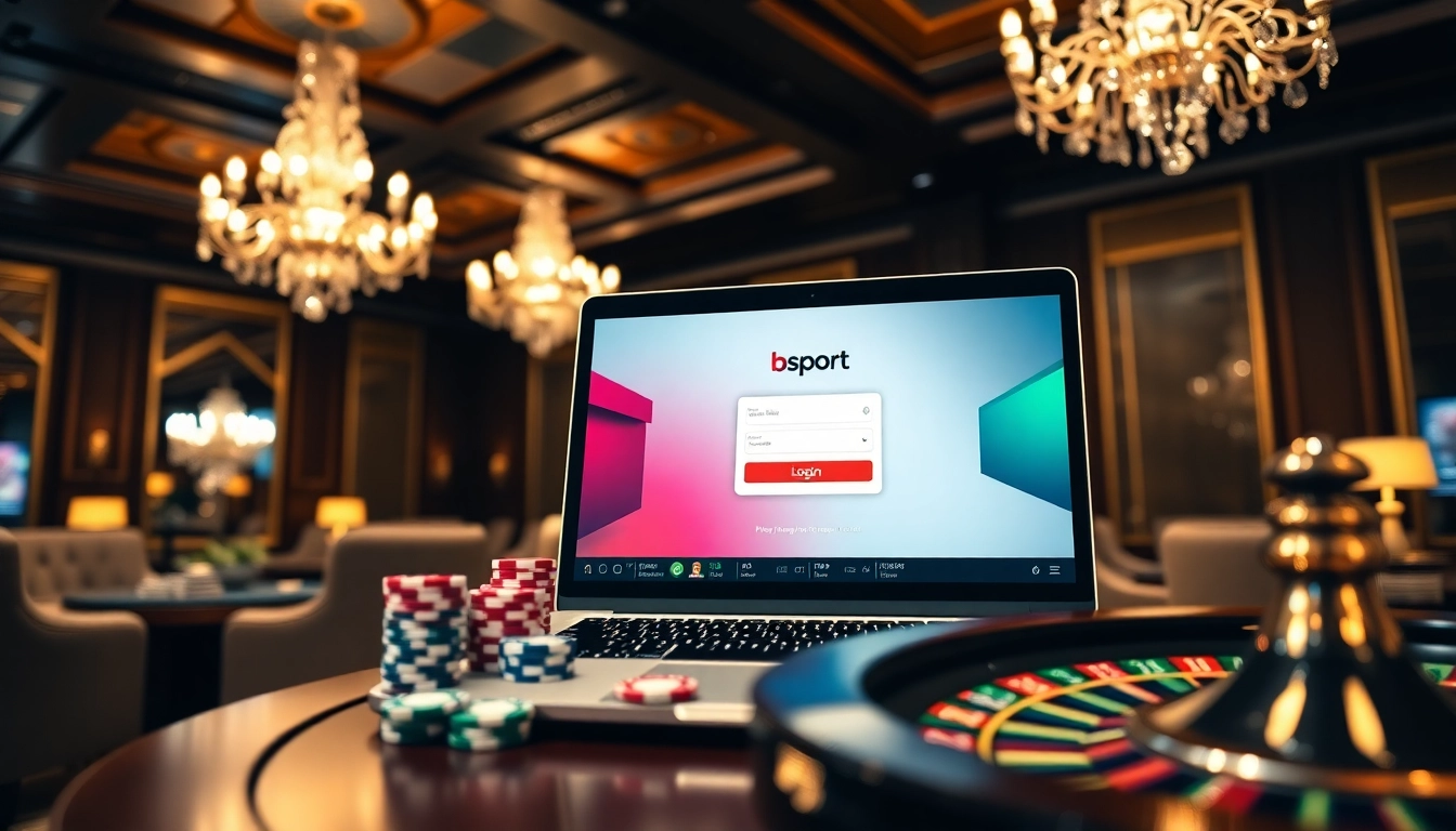 The bsport login screen displayed prominently in a luxurious casino ambiance with poker chips and roulette wheel.