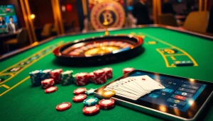 Experience thrilling games at Luckywin with a vibrant casino table, roulette wheel, and colorful chips.