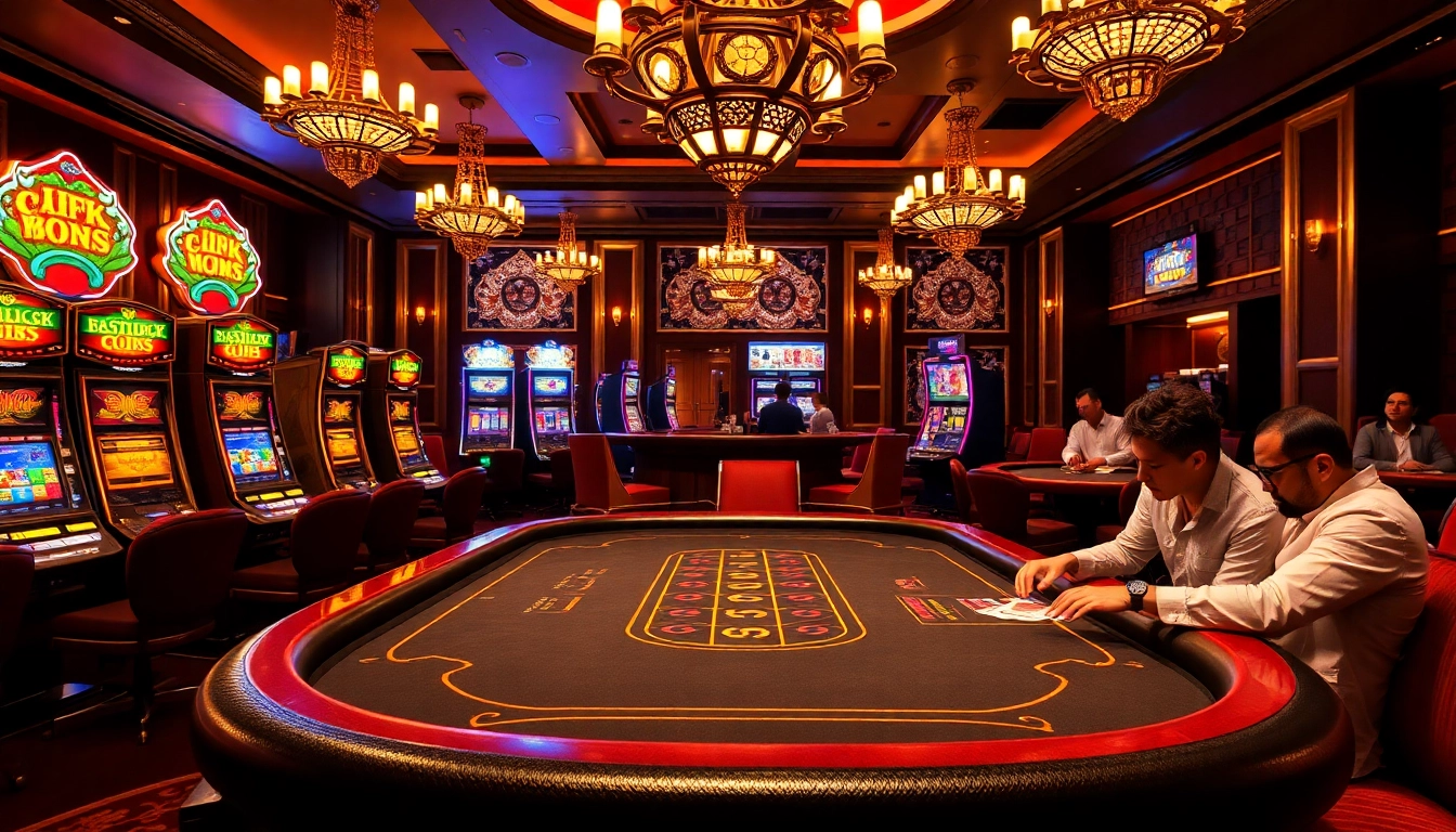 GK88 gaming excitement with casino tables and vibrant slot machines in a luxurious setting
