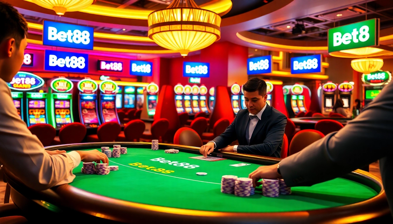 Experience the excitement of Bet88 with players engaged at a luxury poker table, surrounded by vibrant slot machines.