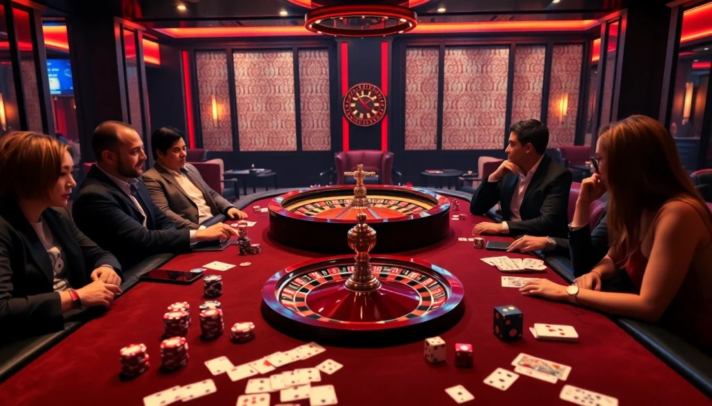 Excited players engage at a classy casino game table, inspired by https://gamemanclub.wiki, featuring poker chips and cards.