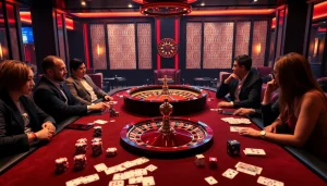Excited players engage at a classy casino game table, inspired by https://gamemanclub.wiki, featuring poker chips and cards.