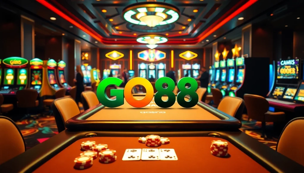 Players engaging in poker action with GO88 branding at a luxurious casino table.