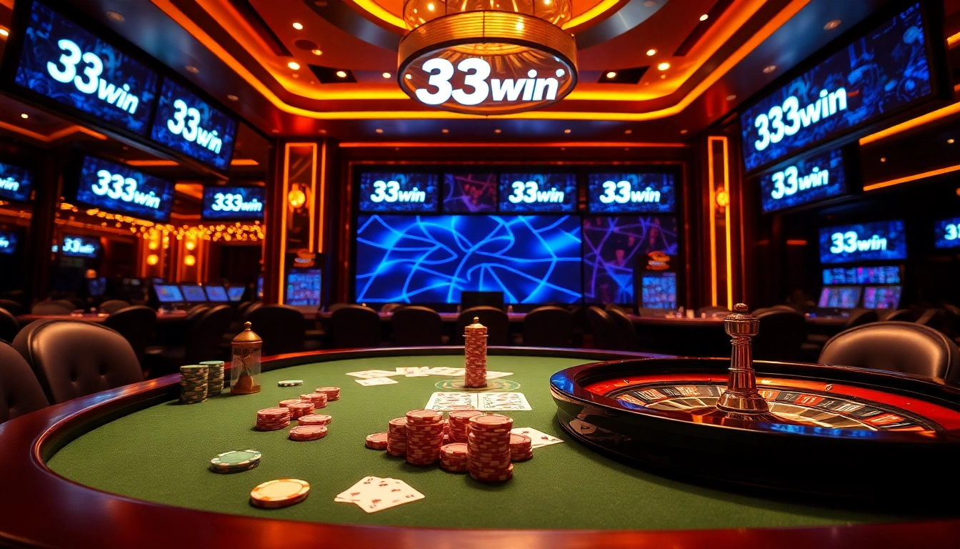 Experience the excitement at 33win's vibrant casino, featuring a luxurious poker table and dramatic ambiance.