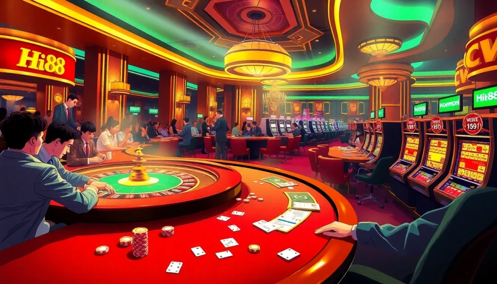 Intense gamblers at Hi88 poker tables enjoying a luxurious casino experience with vibrant slot machines.