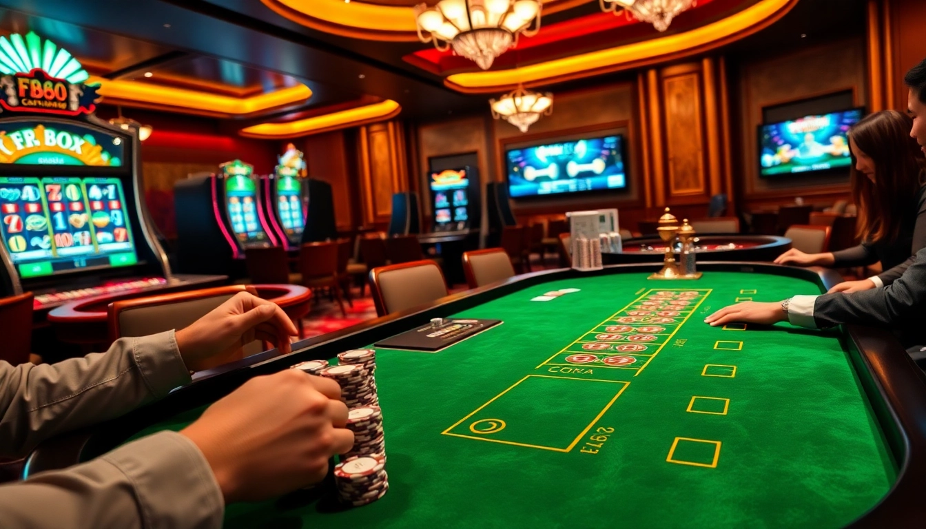 Experience the thrill of gambling at Fb88 with luxurious casino tables and vibrant slot machines.