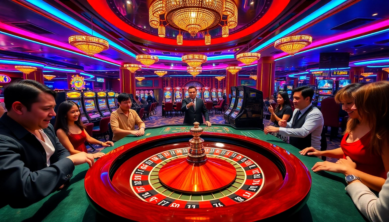Engaging gamblers at the TX88 casino, placing bets on roulette and colorful slot machines.