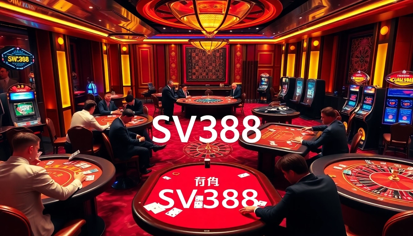 SV388 players engaging in thrilling online cockfighting betting within an upscale casino environment.