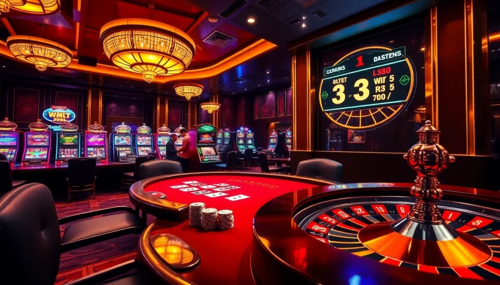 Exciting casino scene highlighting đại lý 33win with players at a poker table and vibrant slot machines.