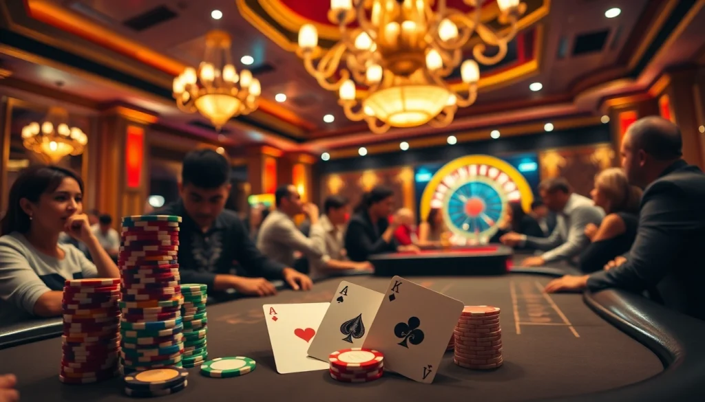 Engaging poker scene at a luxurious casino featuring players and exciting gameplay with https://kjcmh.com/ chips.