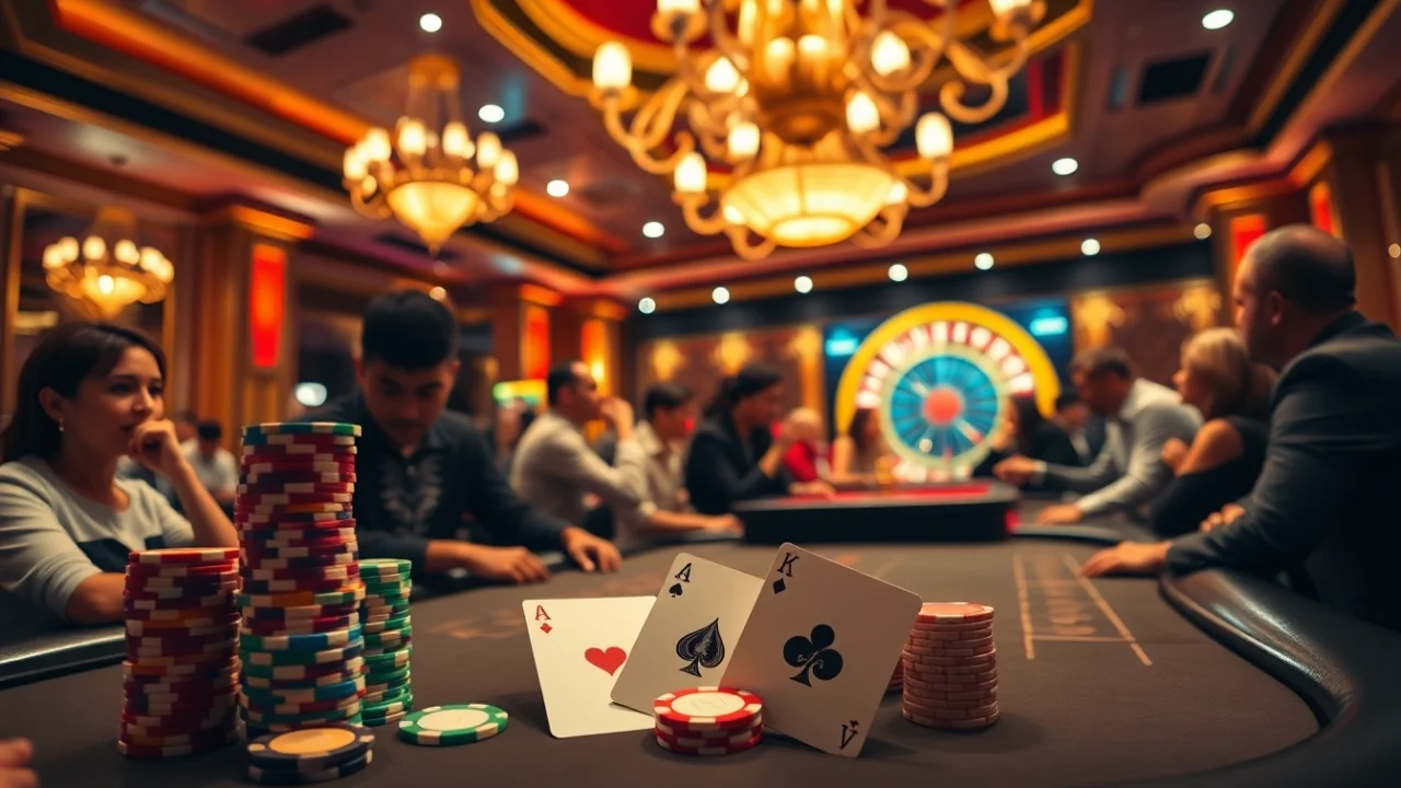 Engaging poker scene at a luxurious casino featuring players and exciting gameplay with https://kjcmh.com/ chips.