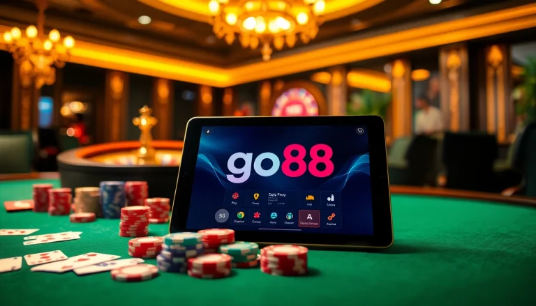 Join the excitement at go88 play with an immersive casino scene featuring vibrant gaming elements.