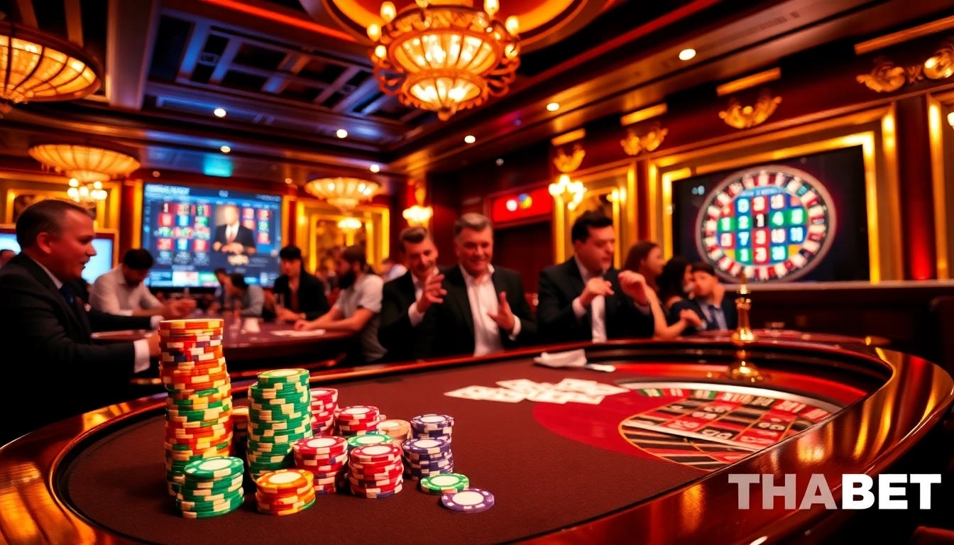 Engaged players enjoying THA BET at a luxurious poker table with vibrant chips and cards.