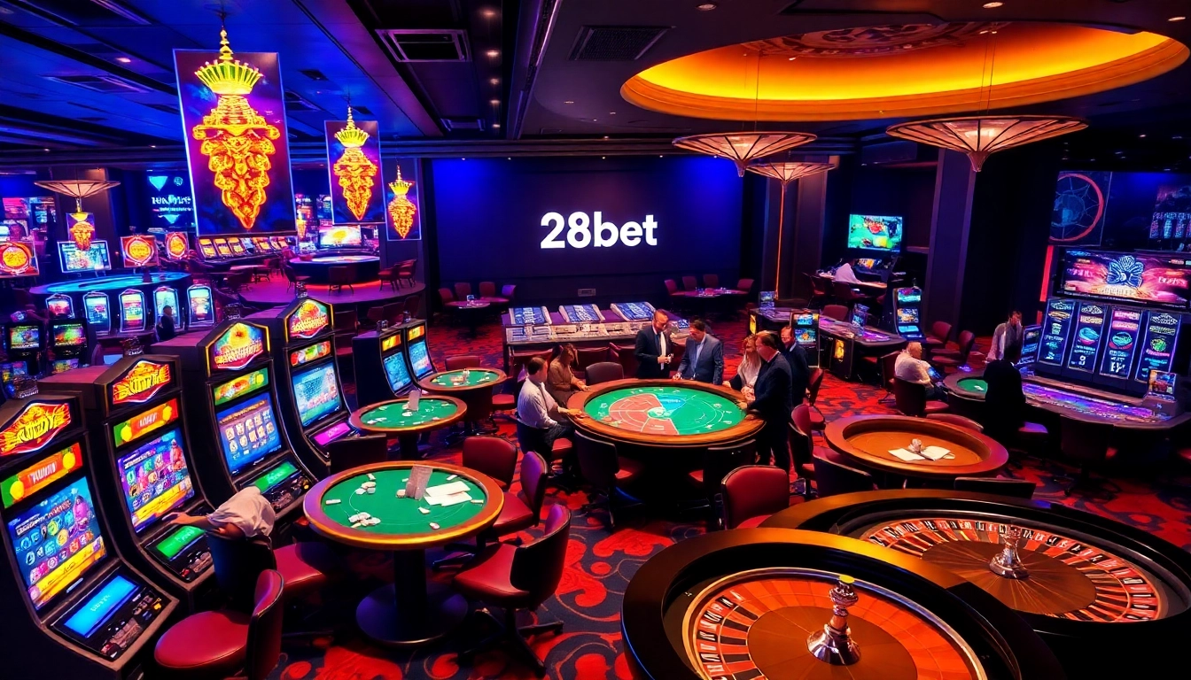 Exciting casino scene at 28bet with vibrant gambling action and modern gaming tables.