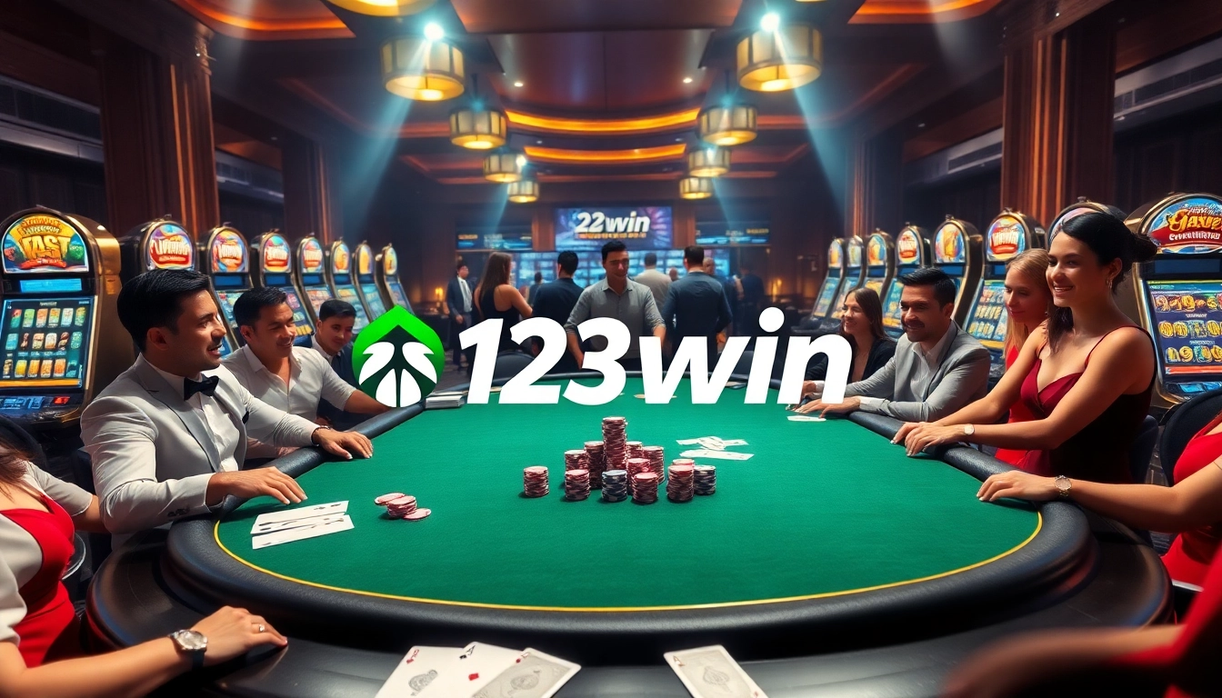 Players enjoying a thrilling game of poker at the 123win casino with vibrant ambiance.
