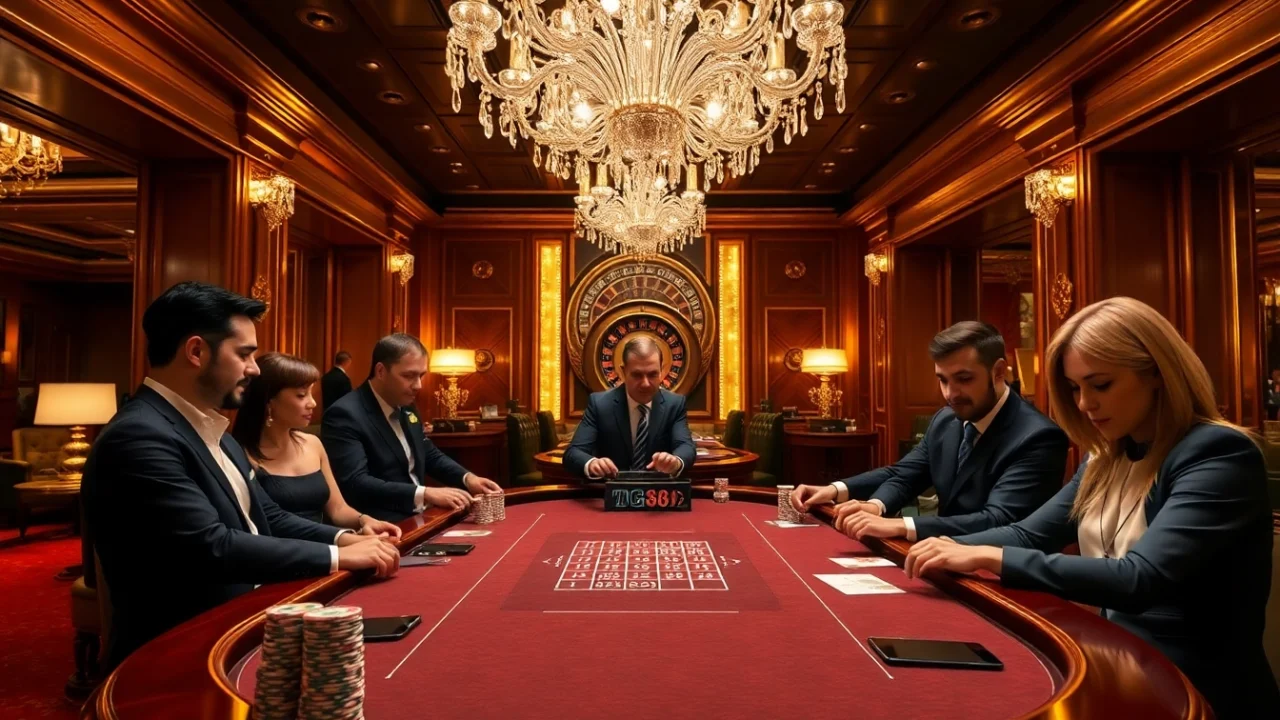 Players engaging in a high-stakes game at the TG 88 poker table in a luxurious casino.