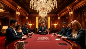 Players engaging in a high-stakes game at the TG 88 poker table in a luxurious casino.