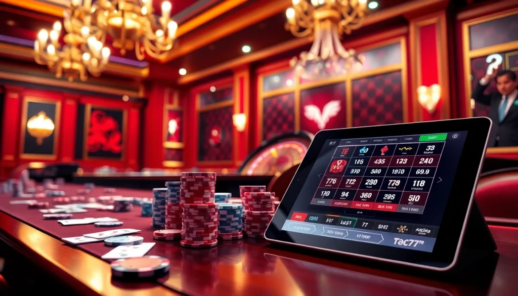 Playing at the luxury 7C77 casino gaming tables filled with vibrant poker chips and cards.