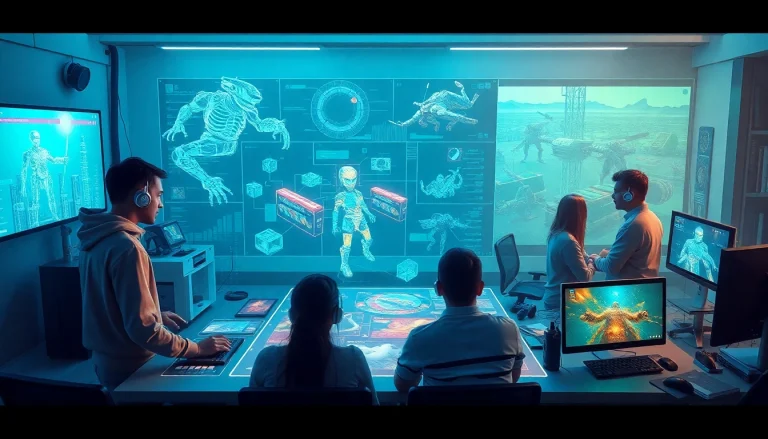 Developers collaborating with game AI technology in a vibrant studio.