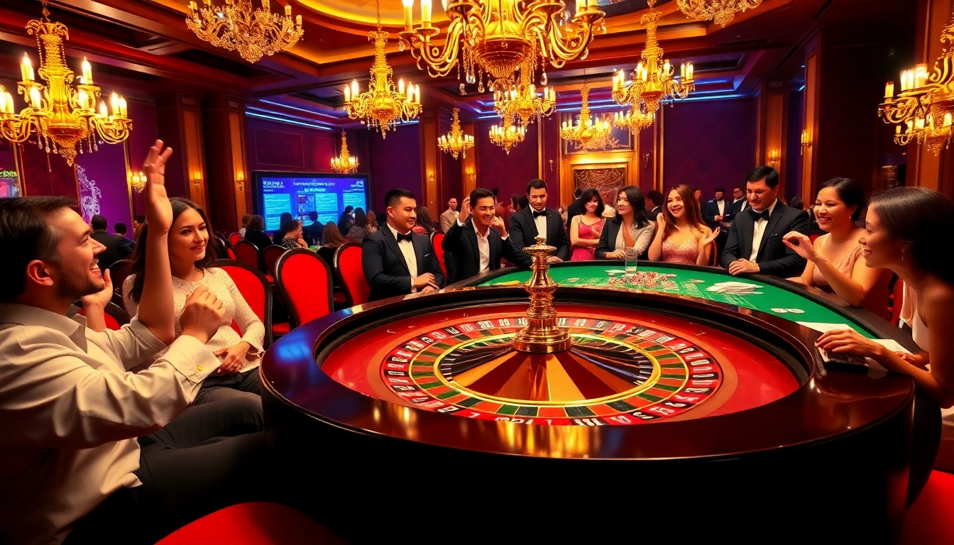 Excited players at a roulette table celebrating their wins at f168 casino, adorned with luxurious décor.