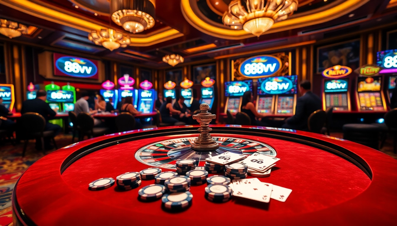 Experience the thrill of gaming at 88vv with poker chips and vibrant casino elements.