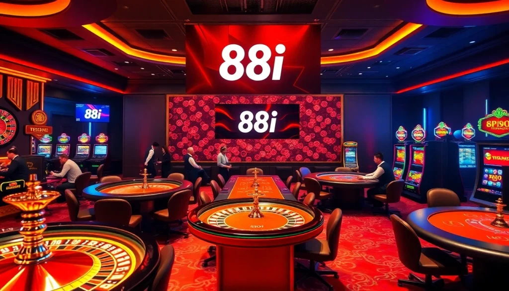 Engaging players at a glamorous casino setup featuring the 88i logo, vibrant lighting, and dynamic gaming elements.
